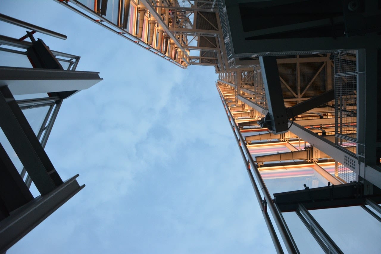 looking up to building frame and sky