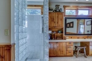 bathroom with wooden finishes